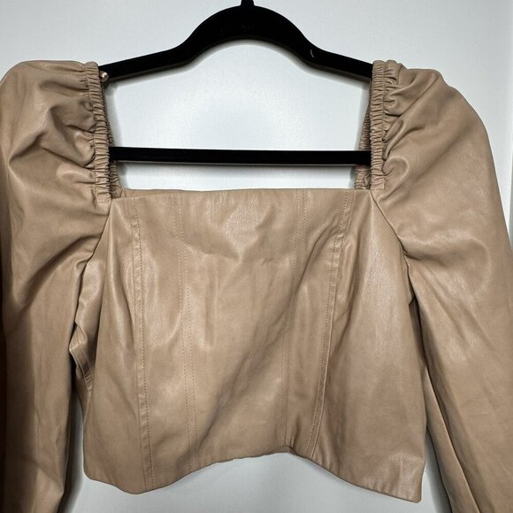 7 For All Mankind Faux Leather Puff Sleeve Square Neckline Smocked Back Medium M - Picture 6 of 7